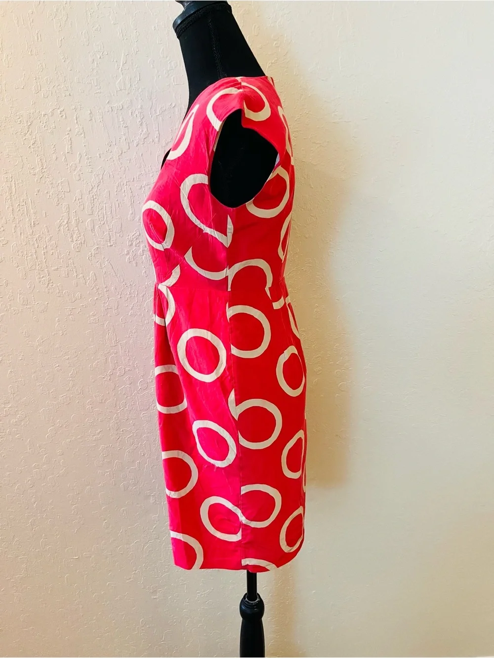 Banana Republic Silk Hot Pink Midi Dress with Tan Circle Print